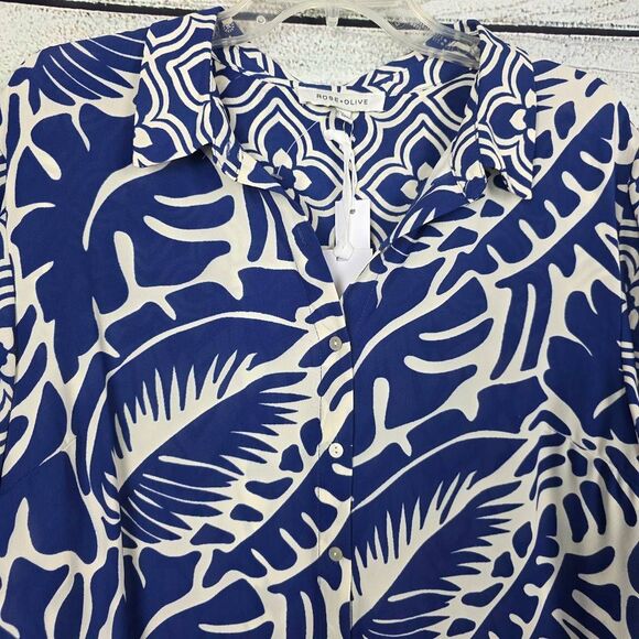 Rose + Olive Blue White Print Button Front Top 1X (NWT) - Picture 3 of 10